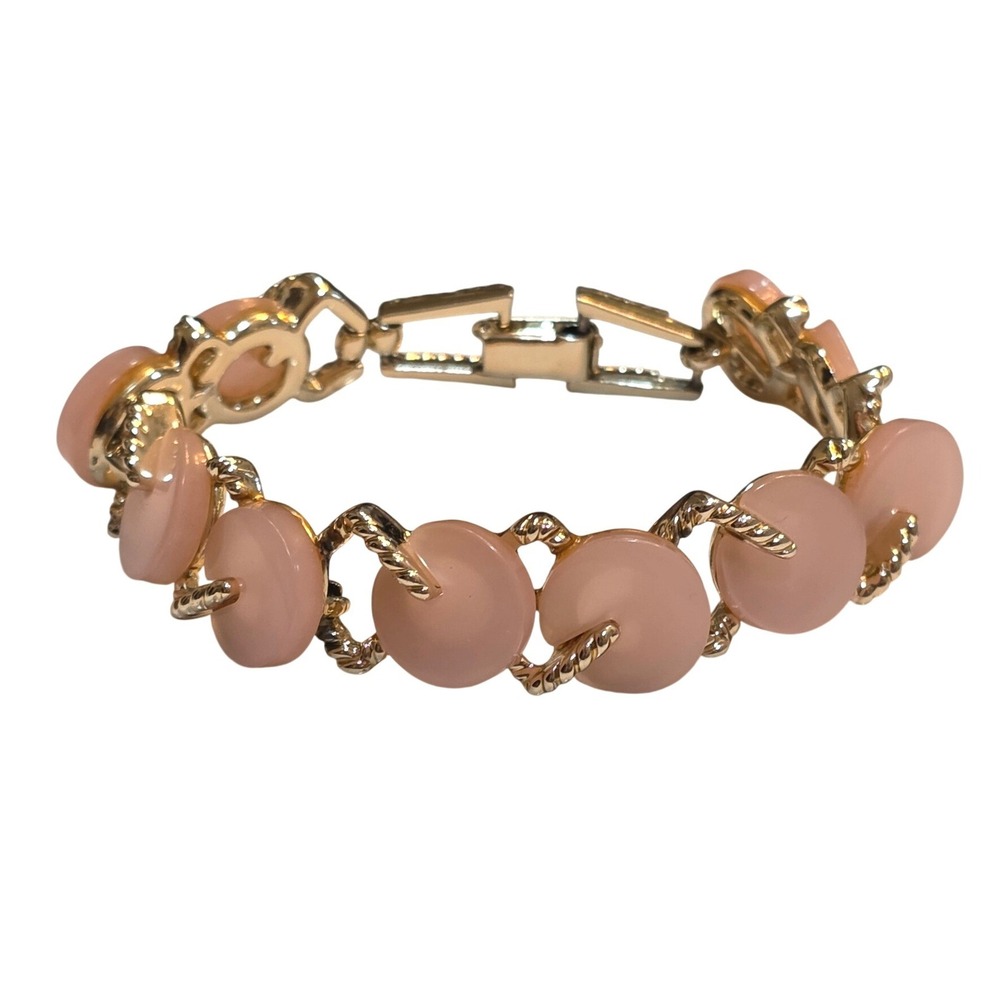 Vintage Pink Moonglow Beaded Bracelet Gold‎ Tone Fold Over Clasp